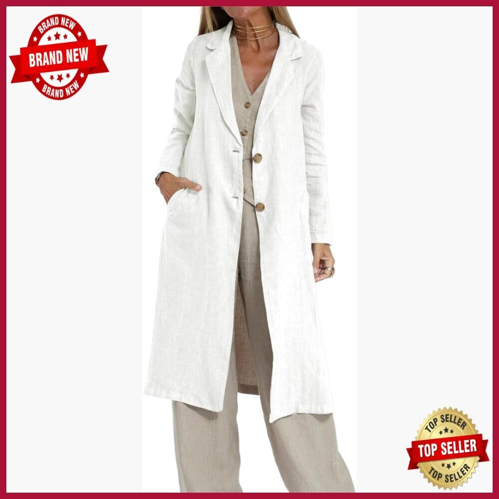 Long Linen Blazer Trench Coat Lightweight Casual Business Office Wear